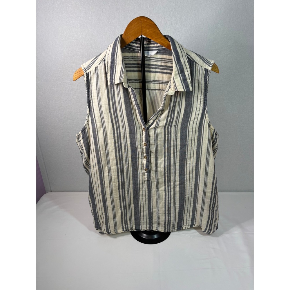 Time and Tru Womens XXL 20 Sleeveless Henley Striped Cotton Blouse Navy Cream
